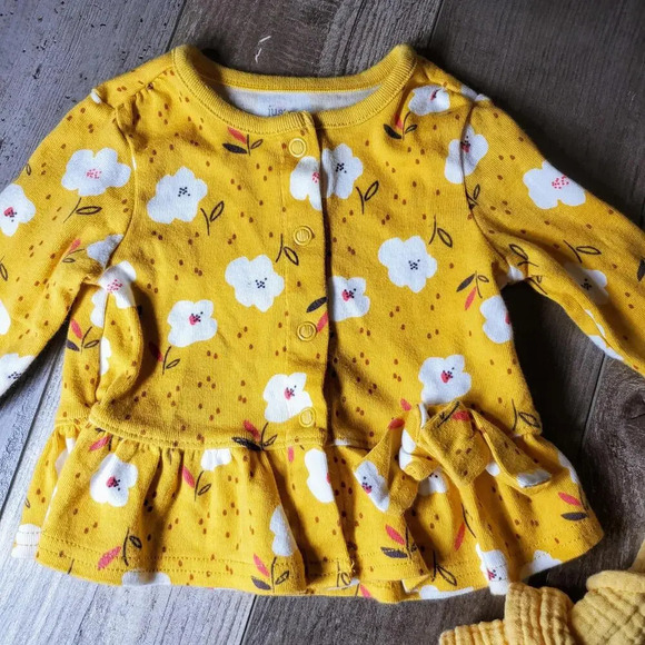 Cat & Jack & Carter's Yellow Gauze Ruffle Romper w/ Floral Cardigan Sweater 0-3M - Picture 9 of 12